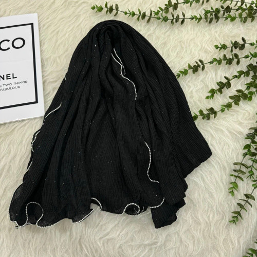 شال نخی مشکی براق دور مرواریدی زنانه قواره بزرگ 190x85 کد 943