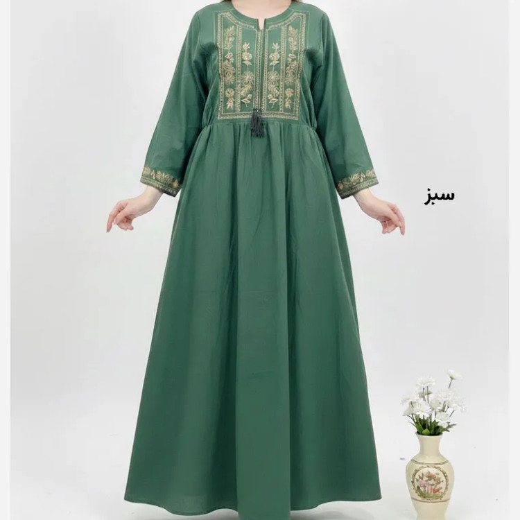 پیراهن لینن گلدوزی مایا کد 1745 فری سایز زنانه چهارفصل تنخور شیک و راحت بدون سایه اندازی و بدن نما