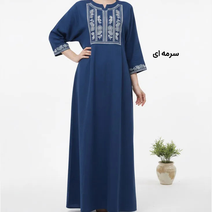 پیراهن لینن گلدوزی مایا کد 1745 فری سایز زنانه چهارفصل تنخور شیک و راحت بدون سایه اندازی و بدن نما