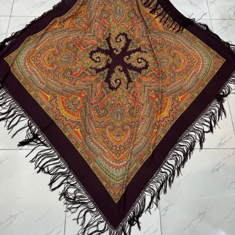 روسری نخی ترکمن کد 1649 قواره 140-150 سانت ریشه دستباف چهار فصل اصل ترکیه