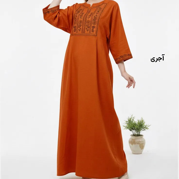 پیراهن لینن گلدوزی مایا کد 1745 فری سایز زنانه چهارفصل تنخور شیک و راحت بدون سایه اندازی و بدن نما