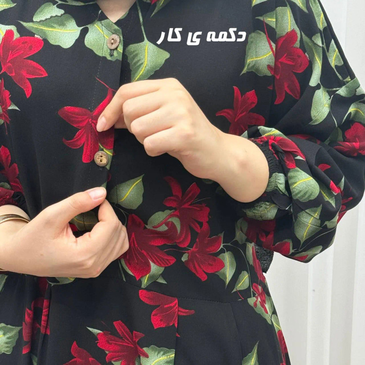 پیراهن نخی گلدار فری سایز تا 54 زنانه چهارفصل جلو دکمهدار کمربنددار طلاکوب تنخور شیک راحت