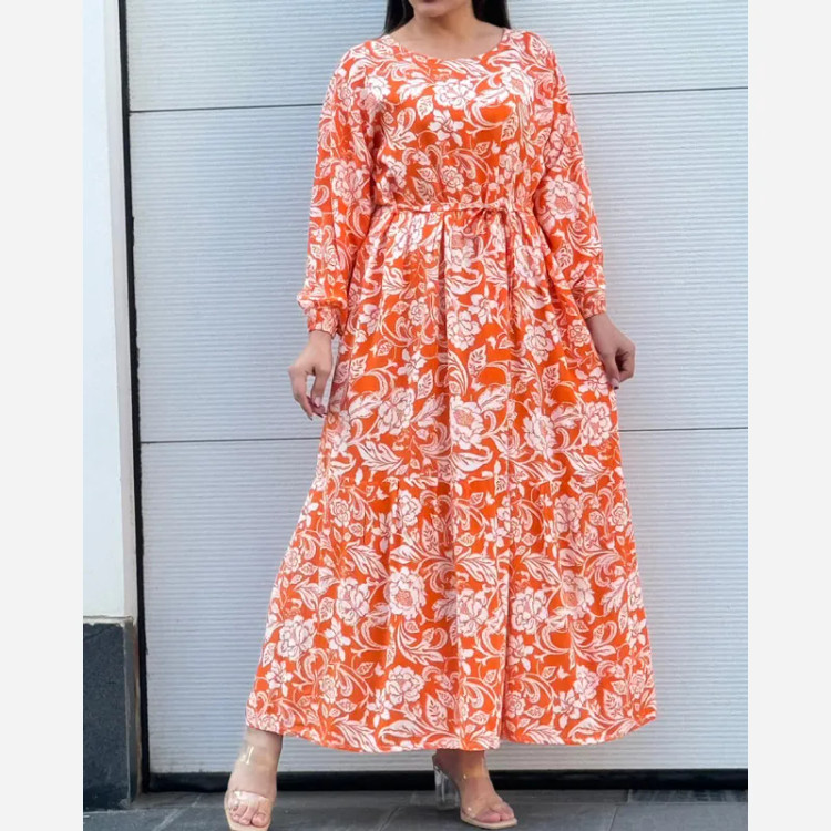 پیراهن فلور نخی رنگی فری سایز تا 46 قد 140 کمربنددار چهارفصل شیک و راحت بدون آبرفت و رنگ رفت