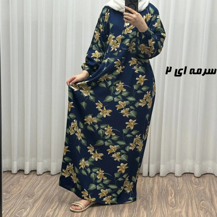 پیراهن نخی گلدار فری سایز تا 54 زنانه چهارفصل جلو دکمهدار کمربنددار طلاکوب تنخور شیک راحت