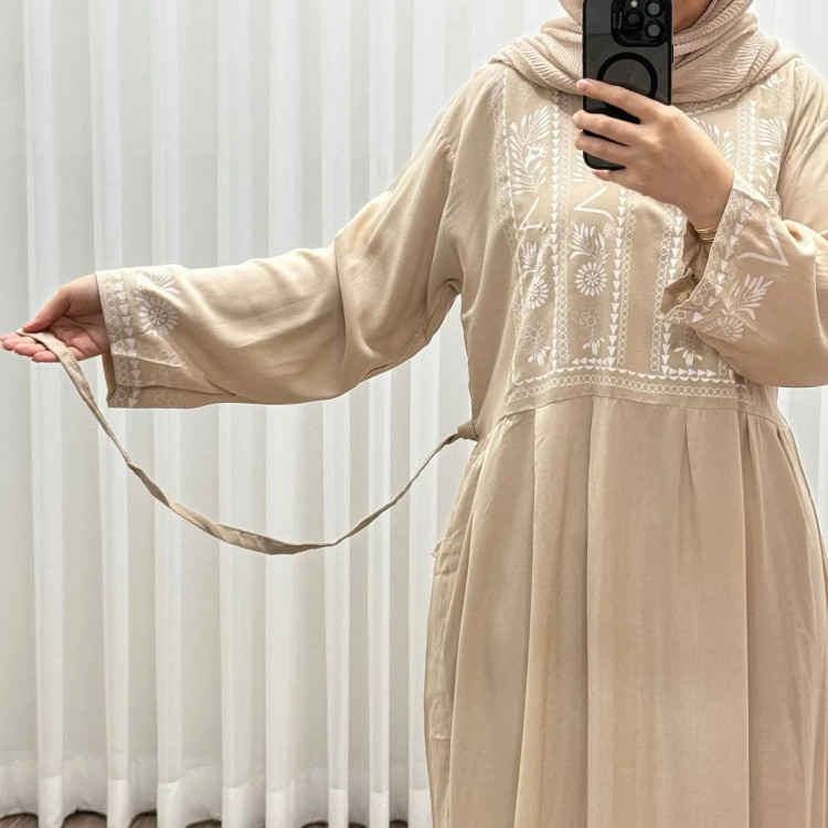 پیراهن ساحلی زنانه نخی مدل الهه فری سایز تا 46 کمربند دار تن خور شیک و راحت چهارفصل سایه نمیندازد