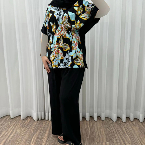 ست خفاشی زنانه نخی فری سایز تا 50 مشکی آبی چهارفصل شیک و راحت