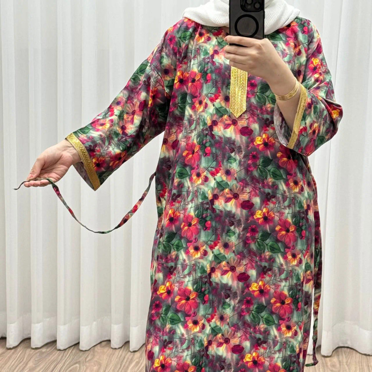 پیراهن نخی سه بعدی طلاکوب فلور بوگاتی فری سایز تا 52 زنانه کمربنددار چهارفصل شیک