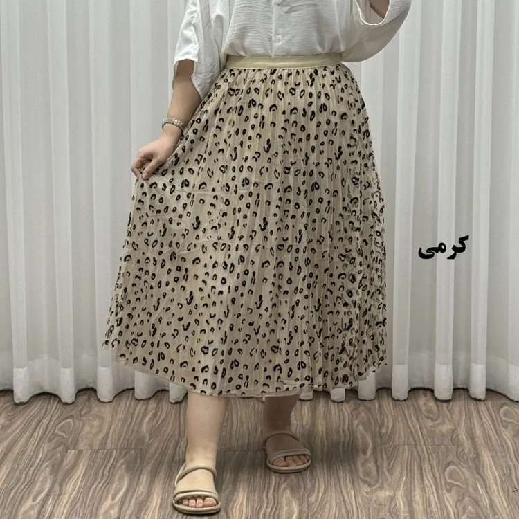 دامن گیپوری پلنگی فری سایز تا 46 قد 82 سانتیمتر زنانه شیک و راحت چهارفصل