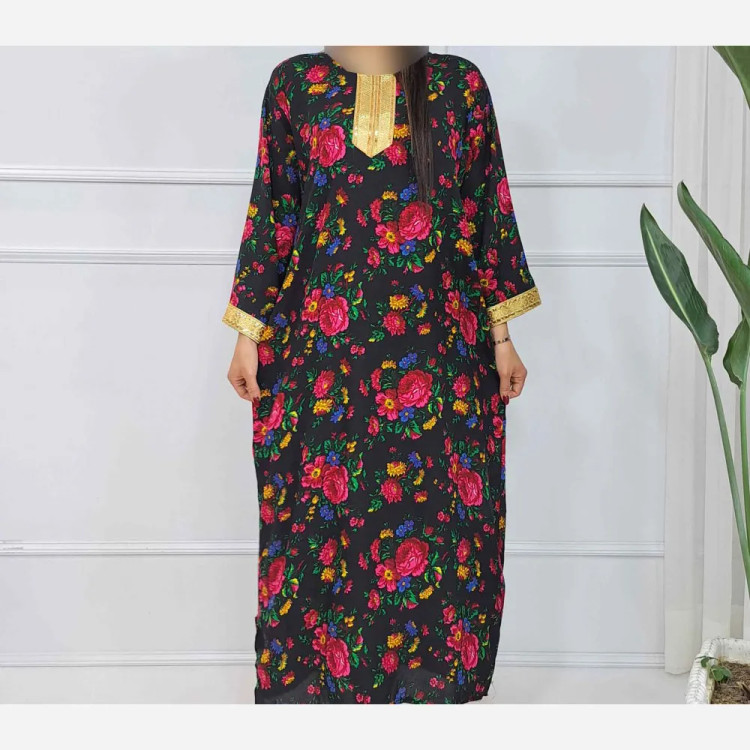 پیراهن ساحلی ترکمنستان طلاکوب گل درشت فری سایز تا 54 نخی شسته شده بدون آبرفت و رنگ رفت کمربند دار سایه نمیندازد