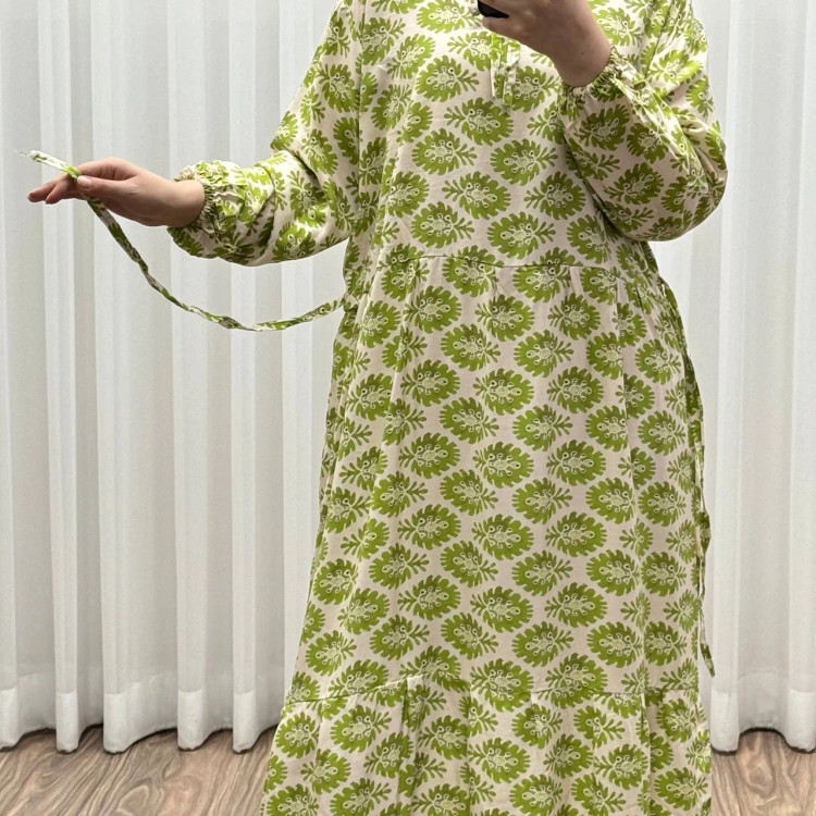 پیراهن ساحلی نخی فری سایز خاطره کد 1178 شسته شده بدون آبرفت و رنگ رفت مناسب تا سایز 48 کمربنددار