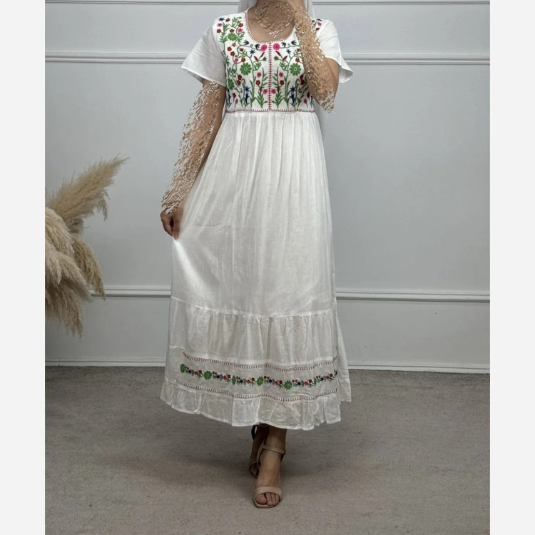 پیراهن ساحلی نخی گلدوزی شده زنانه فری سایز تا 48 آستردار کمربنددار 6 رنگ