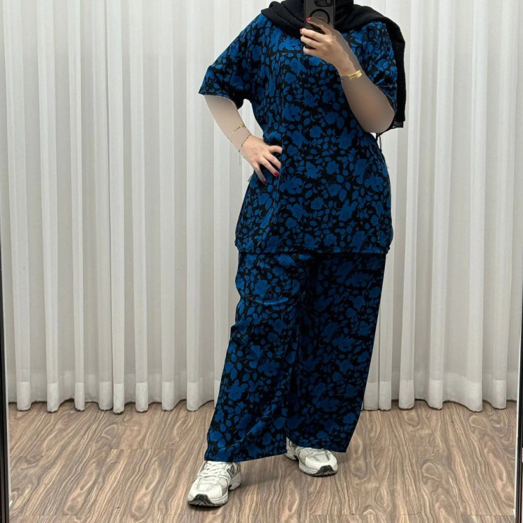 ست بلوز شلوار نخی فری سایز زنانه ثمین کد 1309 مناسب تا سایز 48 چهارفصل کمربنددار