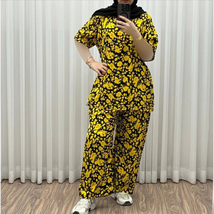 ست بلوز شلوار نخی فری سایز زنانه ثمین کد 1309 مناسب تا سایز 48 چهارفصل کمربنددار