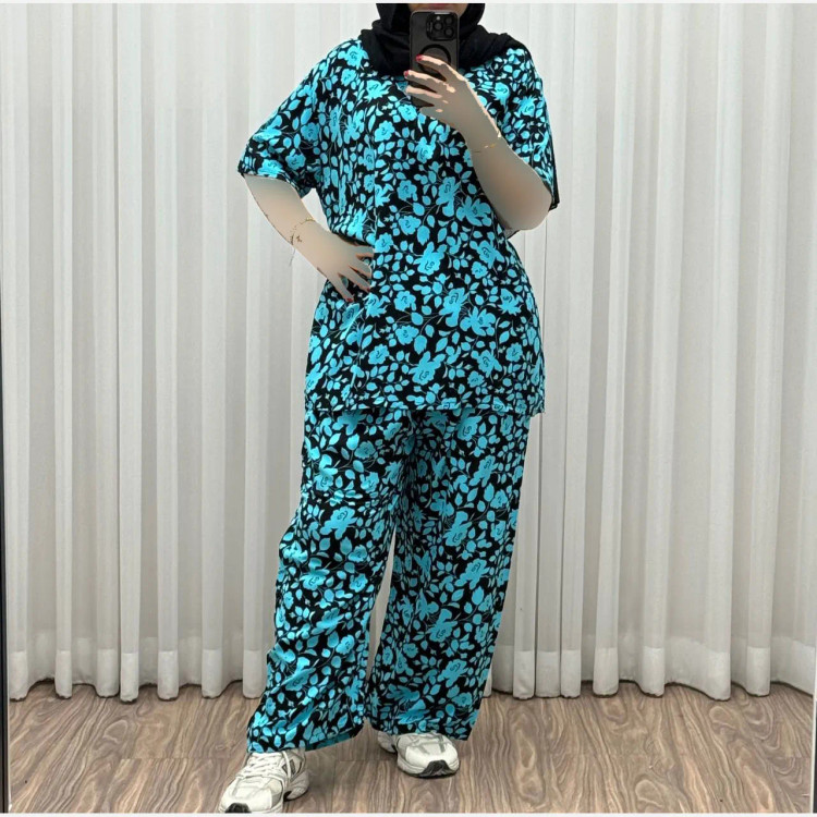 ست بلوز شلوار نخی فری سایز زنانه ثمین کد 1309 مناسب تا سایز 48 چهارفصل کمربنددار