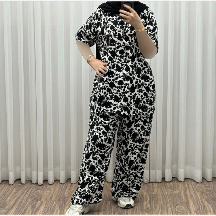 ست بلوز شلوار نخی فری سایز زنانه ثمین کد 1309 مناسب تا سایز 48 چهارفصل کمربنددار