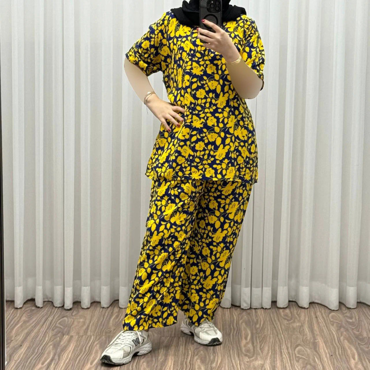 ست بلوز شلوار نخی فری سایز زنانه ثمین کد 1309 مناسب تا سایز 48 چهارفصل کمربنددار