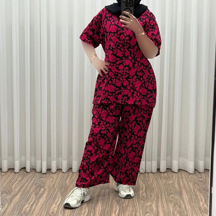 ست بلوز شلوار نخی فری سایز زنانه ثمین کد 1309 مناسب تا سایز 48 چهارفصل کمربنددار