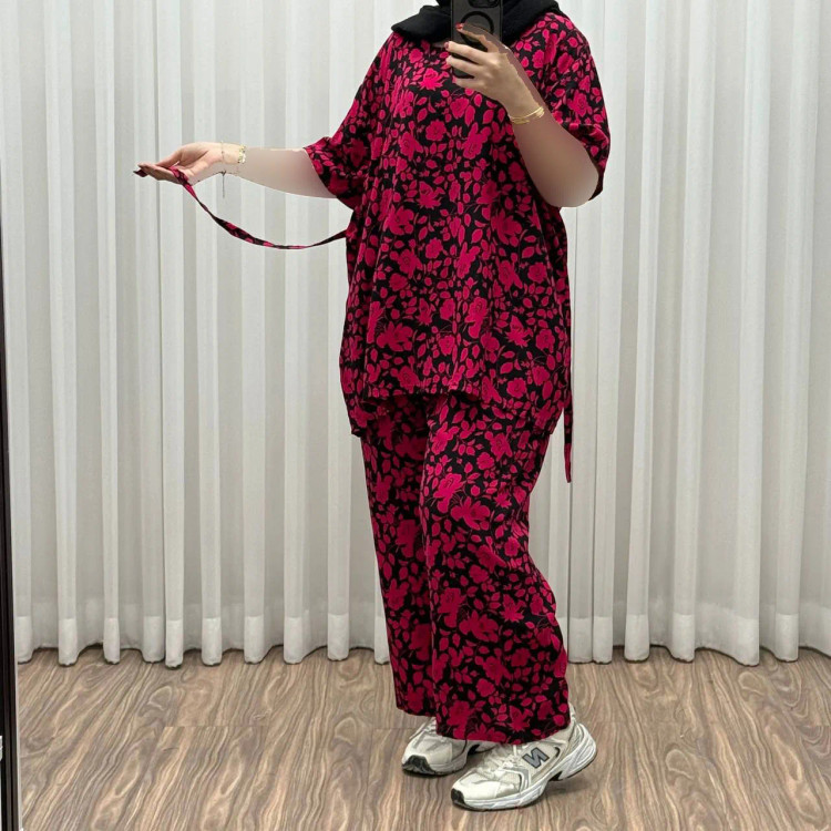 ست بلوز شلوار نخی فری سایز زنانه ثمین کد 1309 مناسب تا سایز 48 چهارفصل کمربنددار