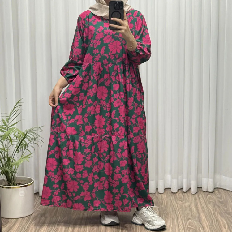 پیراهن ساحلی بوگاتی طرح گل فلور فری سایز تا 48 زنانه چهارفصل شیک و راحت بدون چروک و آبرفت کمربنددار