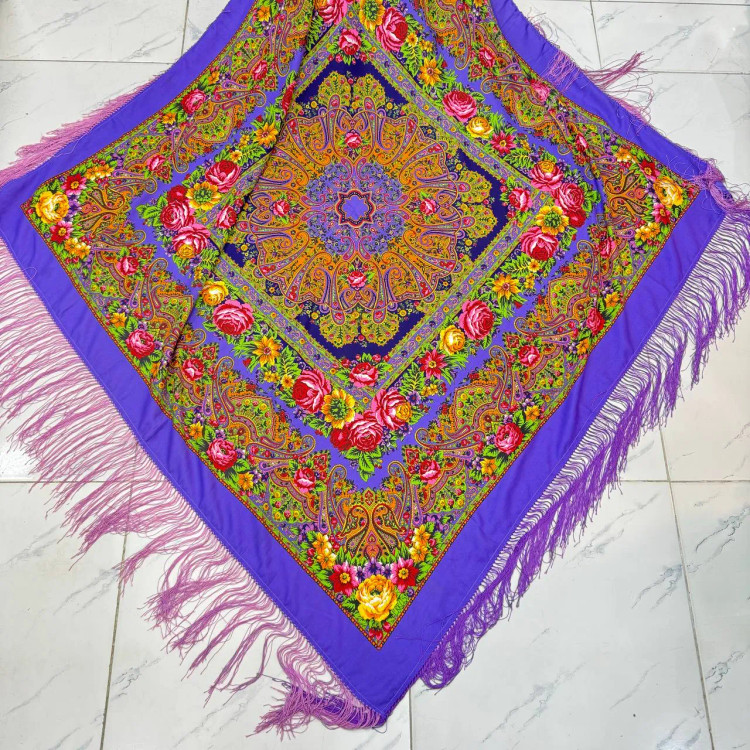 روسری ترکمن اصل زنانه کد 1383 نخی وارداتی ترکیه قواره 140-150 سانت ریشه دستباف 4 فصل