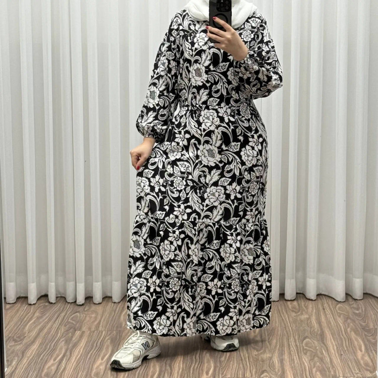 پیراهن فلور نخی فری سایز تا 50 بنددار چهارفصل زنانه شیک راحت