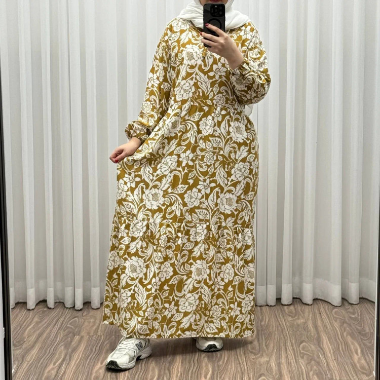 پیراهن فلور نخی فری سایز تا 50 بنددار چهارفصل زنانه شیک راحت