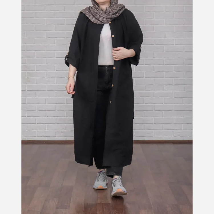 پیراهن مانتویی کفتان لنین فری سایز تا 50 قد 130 چهارفصل تنخور شیک و راحت زنانه دخترانه بدون دکمه و کمربند