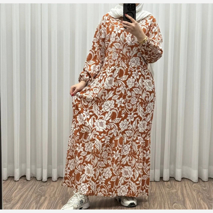 پیراهن فلور نخی فری سایز تا 50 بنددار چهارفصل زنانه شیک راحت