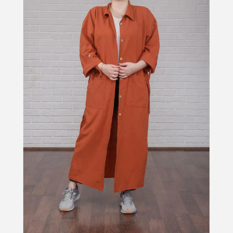 پیراهن مانتویی کفتان لنین فری سایز تا 50 قد 130 چهارفصل تنخور شیک و راحت زنانه دخترانه بدون دکمه و کمربند