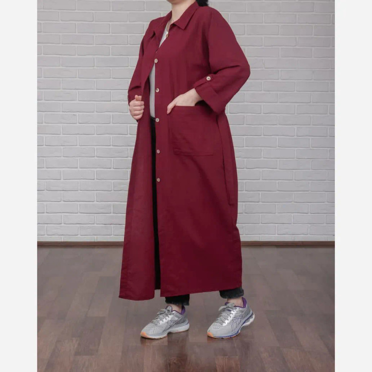 پیراهن مانتویی کفتان لنین فری سایز تا 50 قد 130 چهارفصل تنخور شیک و راحت زنانه دخترانه بدون دکمه و کمربند