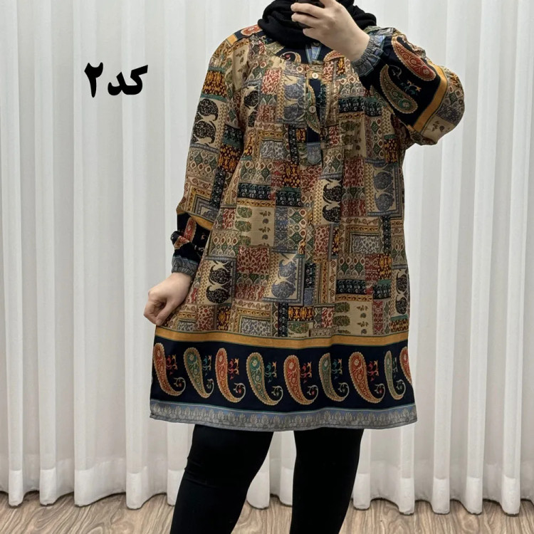 تونیک سایز بزرگ وارداتی مدل حاشیه ترمه جنس نخی سایز 6 تا 8 جلو دکمه دار چهارفصل زنانه