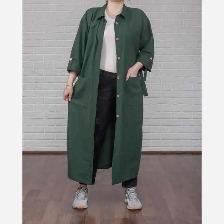 پیراهن مانتویی کفتان لنین فری سایز تا 50 قد 130 چهارفصل تنخور شیک و راحت زنانه دخترانه بدون دکمه و کمربند