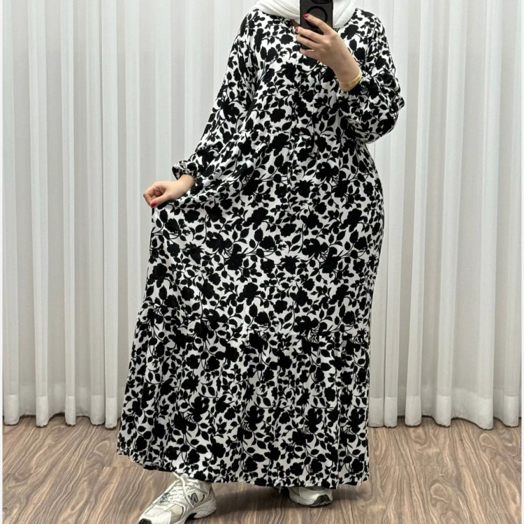 پیراهن ساحلی نخی گلدار زنانه فری سایز تا 50 کد 1308 شسته شده بدون آبرفت و رنگ رفت کمربنددار