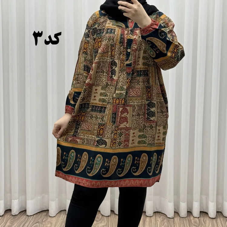 تونیک سایز بزرگ وارداتی مدل حاشیه ترمه جنس نخی سایز 6 تا 8 جلو دکمه دار چهارفصل زنانه