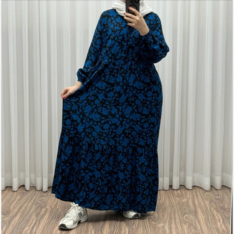 پیراهن ساحلی نخی گلدار زنانه فری سایز تا 50 کد 1308 شسته شده بدون آبرفت و رنگ رفت کمربنددار