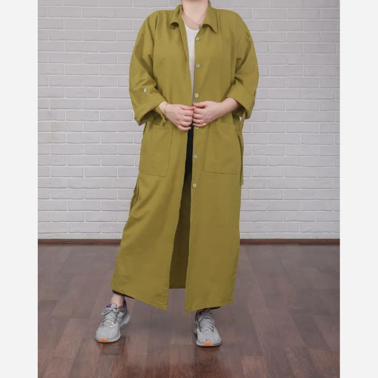 پیراهن مانتویی کفتان لنین فری سایز تا 50 قد 130 چهارفصل تنخور شیک و راحت زنانه دخترانه بدون دکمه و کمربند