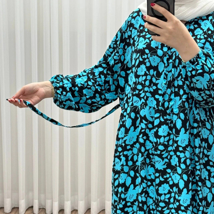 پیراهن ساحلی نخی گلدار زنانه فری سایز تا 50 کد 1308 شسته شده بدون آبرفت و رنگ رفت کمربنددار