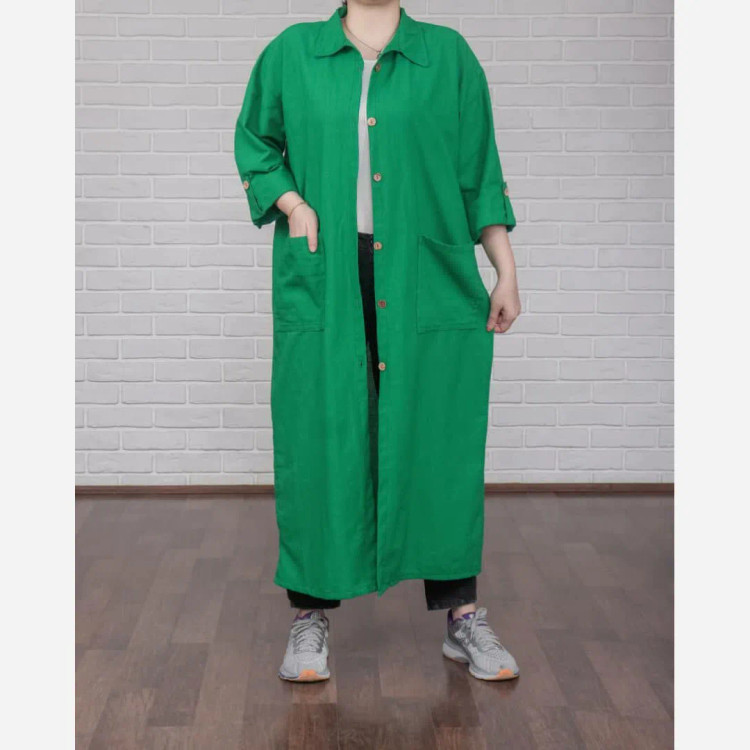 پیراهن مانتویی کفتان لنین فری سایز تا 50 قد 130 چهارفصل تنخور شیک و راحت زنانه دخترانه بدون دکمه و کمربند