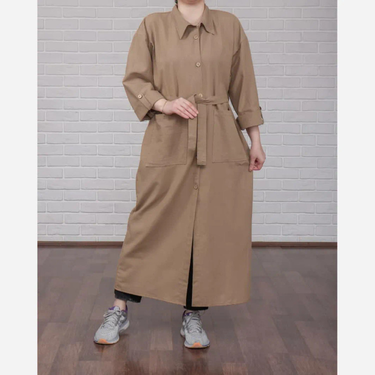 پیراهن مانتویی کفتان لنین فری سایز تا 50 قد 130 چهارفصل تنخور شیک و راحت زنانه دخترانه بدون دکمه و کمربند