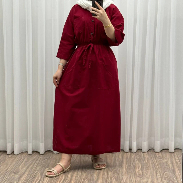 ماکسی دانشجویی مدل بویان کد 921 فری سایز تا 44 جنس لینن چهارفصل شیک و راحت کمربنددار