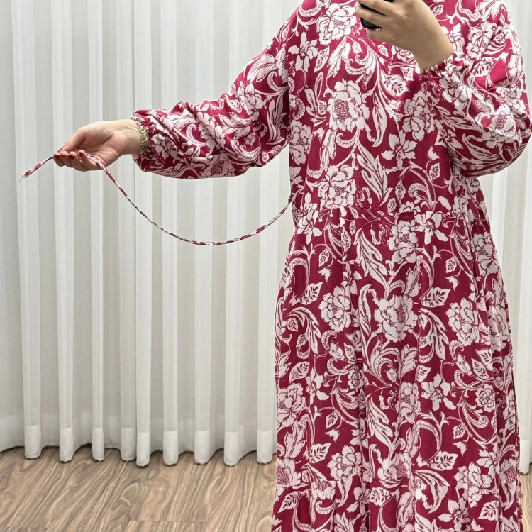 پیراهن فلور نخی فری سایز تا 50 بنددار چهارفصل زنانه شیک راحت