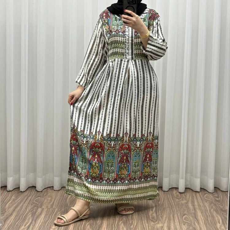 پیراهن ساحلی نخی زنانه فری سایز مدل تارا کد 1337 شسته شده کمربنددار دکمهدار بدون آبرفت و رنگرفت