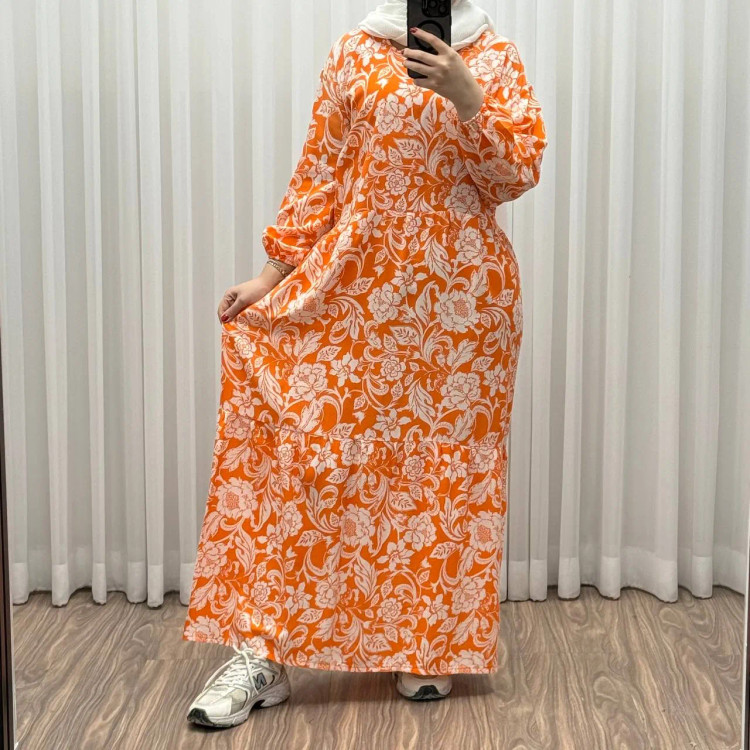 پیراهن فلور نخی فری سایز تا 50 بنددار چهارفصل زنانه شیک راحت