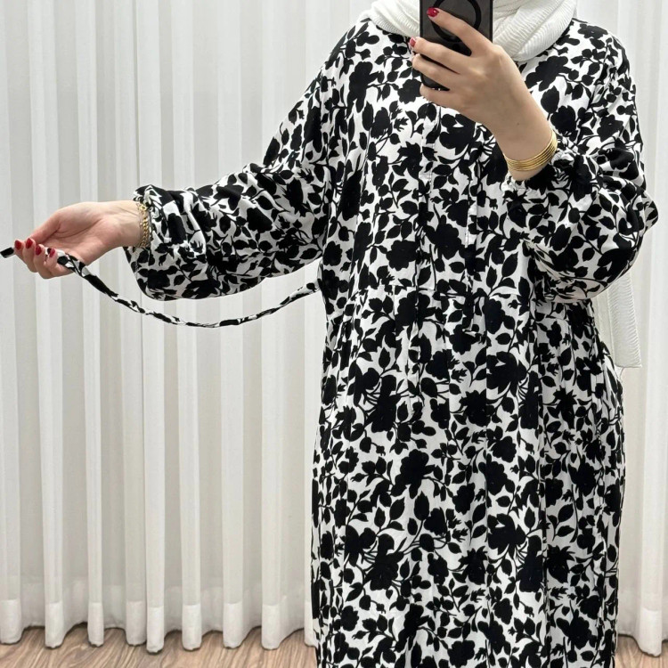 پیراهن ساحلی نخی گلدار زنانه فری سایز تا 50 کد 1308 شسته شده بدون آبرفت و رنگ رفت کمربنددار