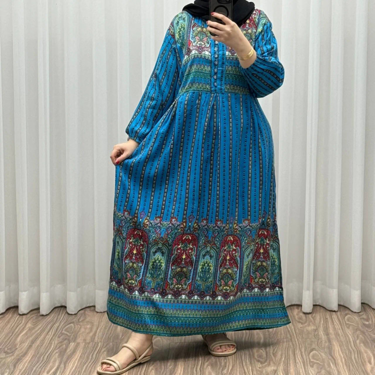 پیراهن ساحلی نخی زنانه فری سایز مدل تارا کد 1337 شسته شده کمربنددار دکمهدار بدون آبرفت و رنگرفت