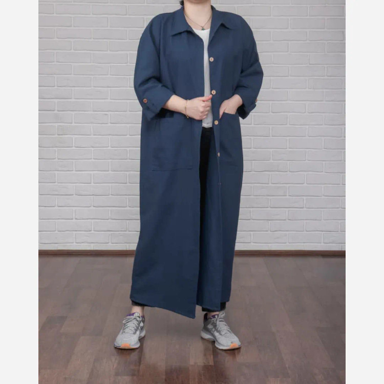 پیراهن مانتویی کفتان لنین فری سایز تا 50 قد 130 چهارفصل تنخور شیک و راحت زنانه دخترانه بدون دکمه و کمربند