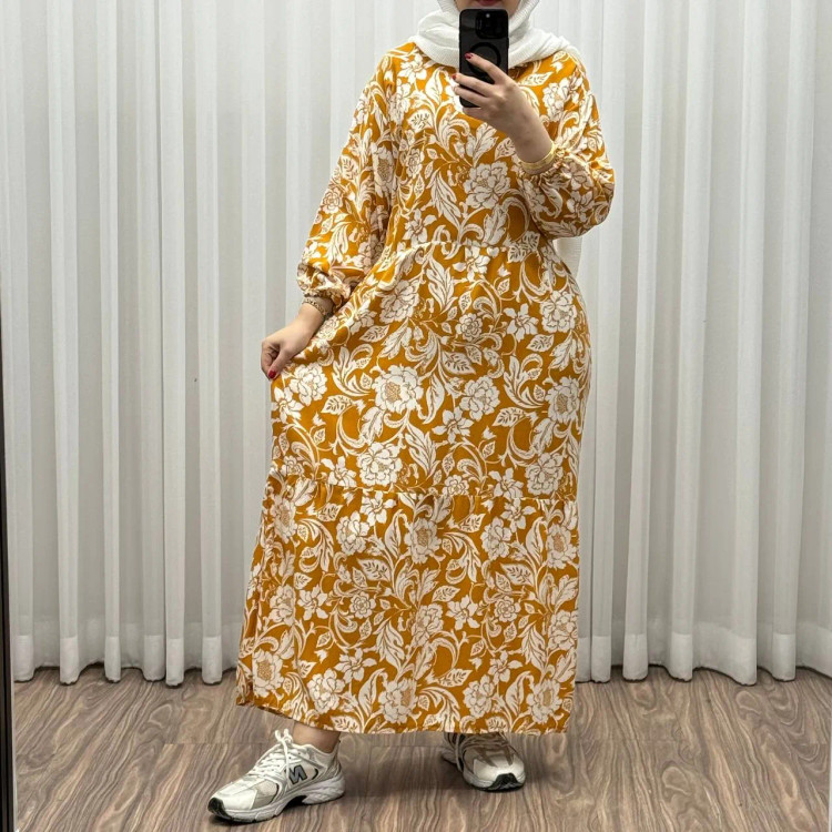 پیراهن فلور نخی فری سایز تا 50 بنددار چهارفصل زنانه شیک راحت