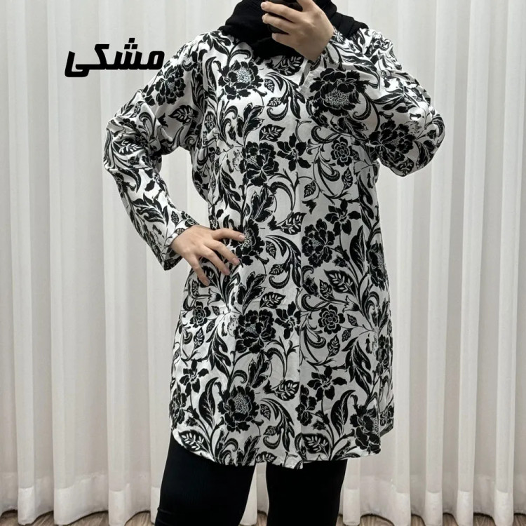 تونیک نخی زنانه فری سایز تا سایز 52 مدل فلور کد 1618 با کمربند چهارفصل بدون دکمه جلو