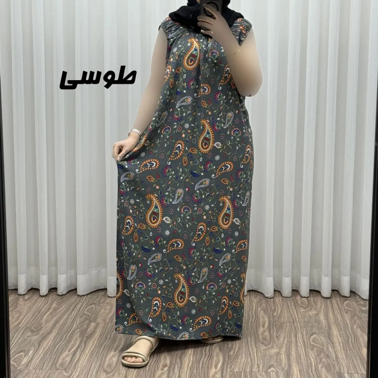 پیراهن نخی آستین حلقه ترمه فری سایز تا 54 شسته شده بدون آبرفت و رنگ رفت کمربنددار چهارفصل