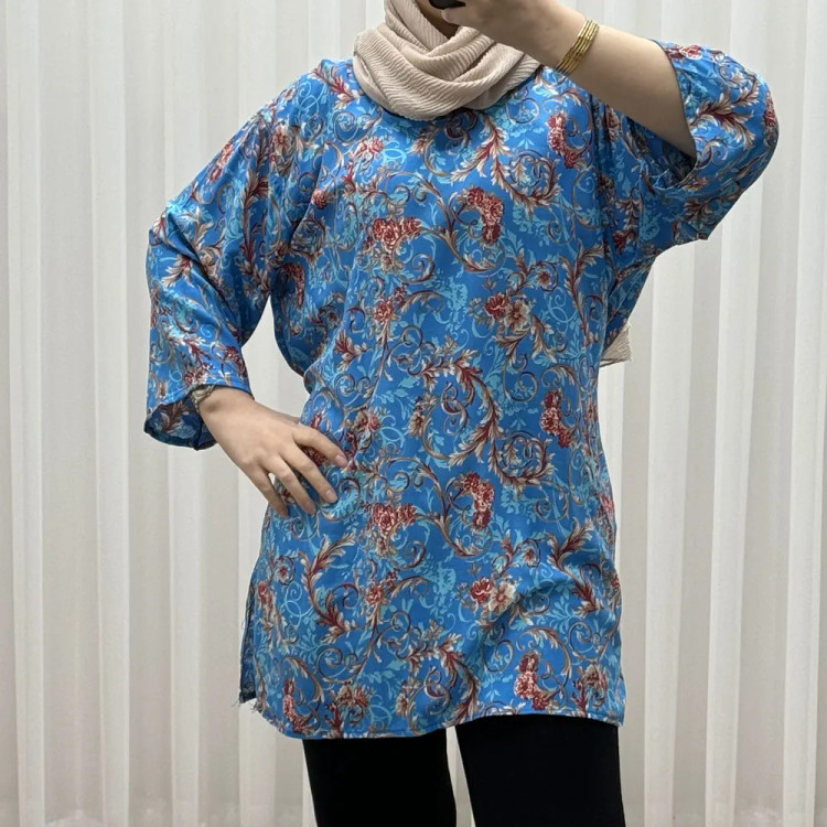 بلوز ترمه جدید آبی فری سایز زنانه نخی چهارفصل تنخور راحت تا سایز 50 کمربنددار بدون دکمه جلو